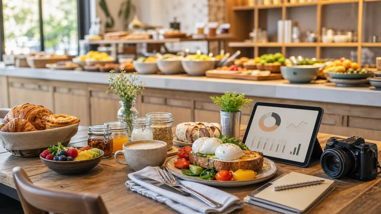 Table de brunch généreuse avec avocado toast, pancakes et cafés latte dans une lumière matinale chaleureuse
